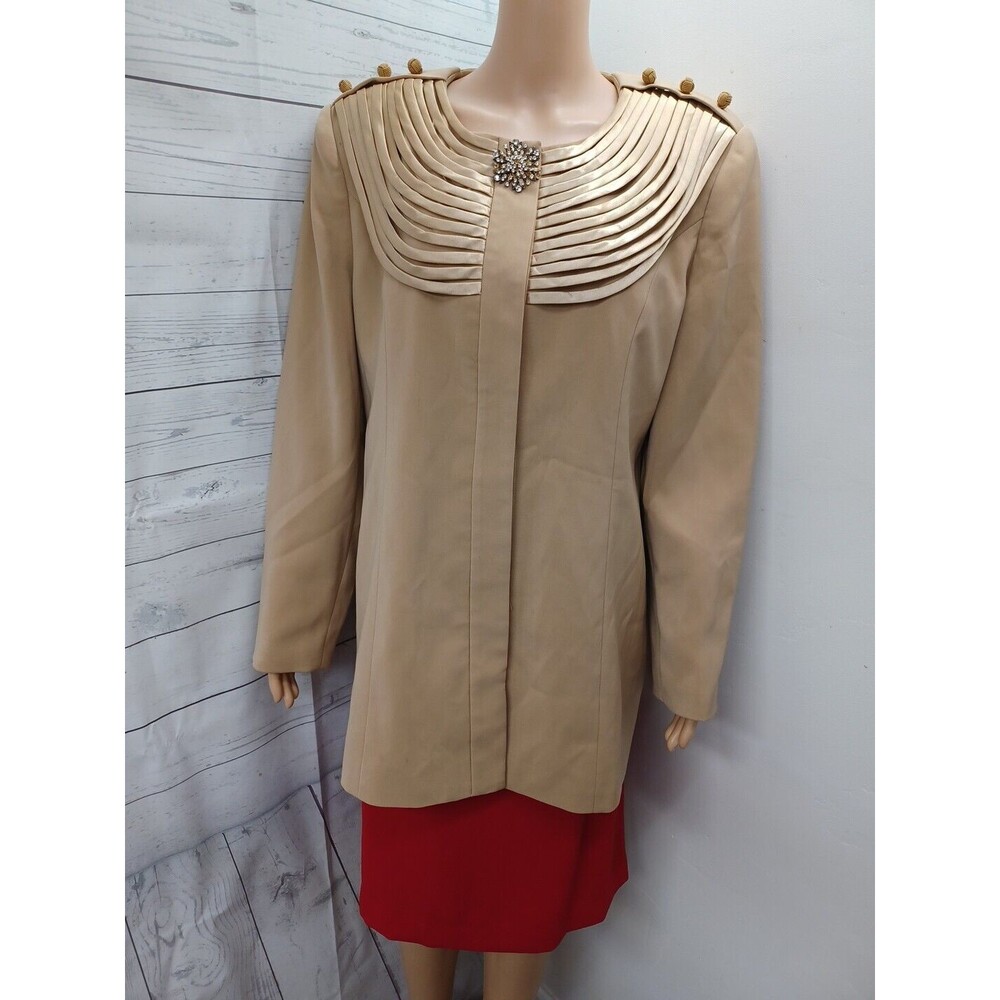 Psalm CIV / Jacqueline Ferrar jacket suit set beige red skirt blazer Sz 16